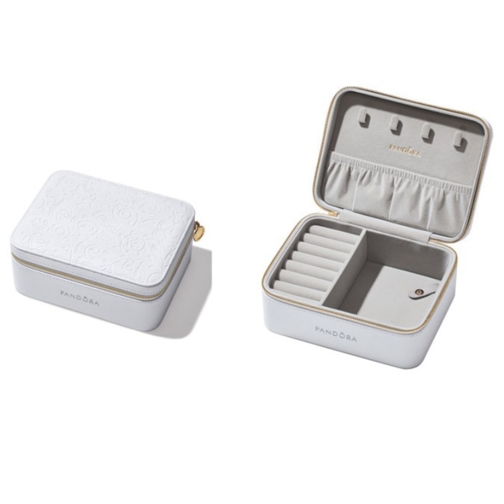 Pandora White Floral Faux Leather Zip Travel Jewelry Box